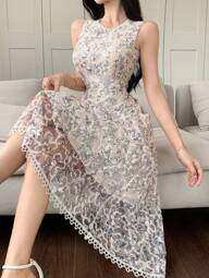 DAZY Vestido de longitud media con cuello redondo y estampado floral sin mangas para mujer, vestido de lujo para boda y fiesta de graduación