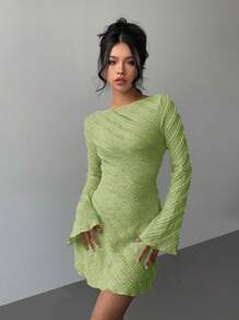 Aloruh Knit Jacquard Open Back Tie Strap Mini Dress,Mint Green Dress - Green - View 3