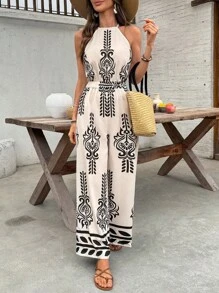 SHEIN Frenchy Women's Vacation Boho Botanical Print Wide Leg Casual Neck Halter Jumpsuit Everyday Vacation Wear Summer Outfits For Women Vacation Outfits Women Rompers For Women Chic Holiday Resort - Multicolor - View 5