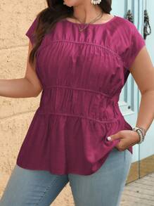 Breezaya Women's Plus Size French Style Elegant Office/Casual/Vacation Solid Color Round Neck Spliced Ruffle A-Line Short Sleeve Blouse, Spring/Summer - Rose Red - View 1