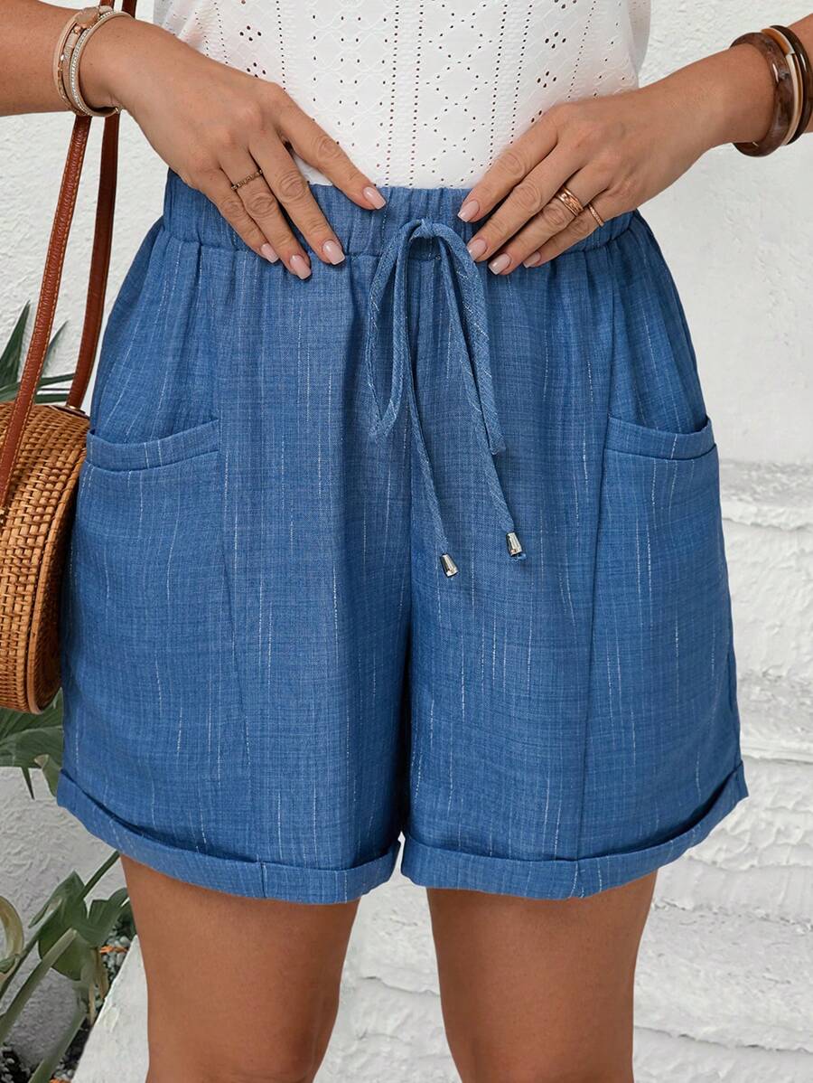 EMERY ROSE Plus Size Women Blue Casual Shorts With Pockets, Gifts For Mother,Summer Holiday,Vacation Outfits Women,Simple And Fashionable For Everyday Wear,Vacay Vibes,Springbreak,Casual Wear SS,Bohemia
