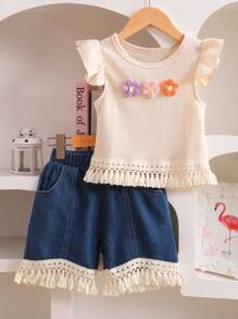 SHEIN Leap Crew 2 件套女童休闲简约舒适圆领盖袖 T 恤和牛仔短裤套装