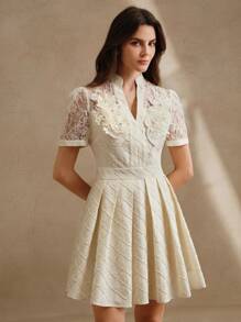 Anewsta فستان قصير أنيق أنيق مع حواف من الدانتيل والأكمام المكرمة، أنماط الصيف للشاطئ والمهرجانات والعطلات - لون مشمشي - مشاهدة 6