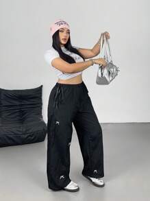 Flirla Women Plus Size Bow Casual Pants - Black - View 6