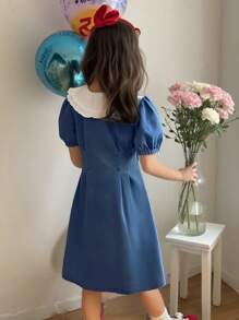 SHEIN Vintaside Kids Girls' Denim Dress Bleached Light Wash Casual Fitted Playful Heart Embroidered Design, Versatile & Fashionable For Daily Wear - Dark Wash - View 2