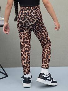 Young Girl Leopard Print Tight Leggings - Mocha Brown - View 2