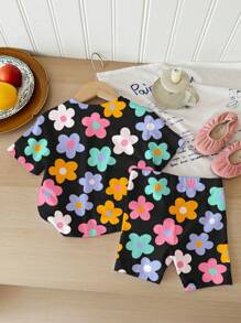 SHEIN Set de 2 bucăți pentru fetiță, ocazional, cu mâneci scurte și pantaloni scurți, potrivit pentru vară