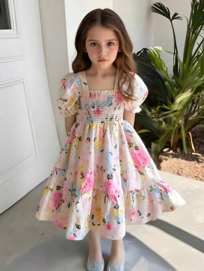SHEIN Elladie kids 1 pieza Vestido sin mangas con estampado floral de dopamina para niña joven, vestido de playa lindo y de moda para vacaciones de verano y uso al aire libre