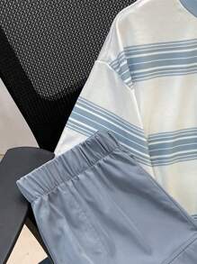 SHEIN 2 sztuki/zestaw Swobodny kostium dla nastolatków dla chłopców Ubrania dla nastolatków Ulica Sportowy Styl przygotowawczy Paski Kolor Blok Krótki Rękaw T-shirt i khaki Cargo Shorts Set - Brudny niebieski - Zobacz 5