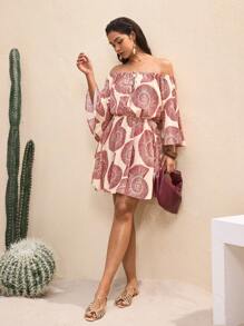 BY FELIZIA Women's Multicolor Summer Vacation Print Off-The-Shoulder Ruffled Bell Sleeve One-Shoulder Mini Dress Beach Vacation Dress - Multicolor - View 4