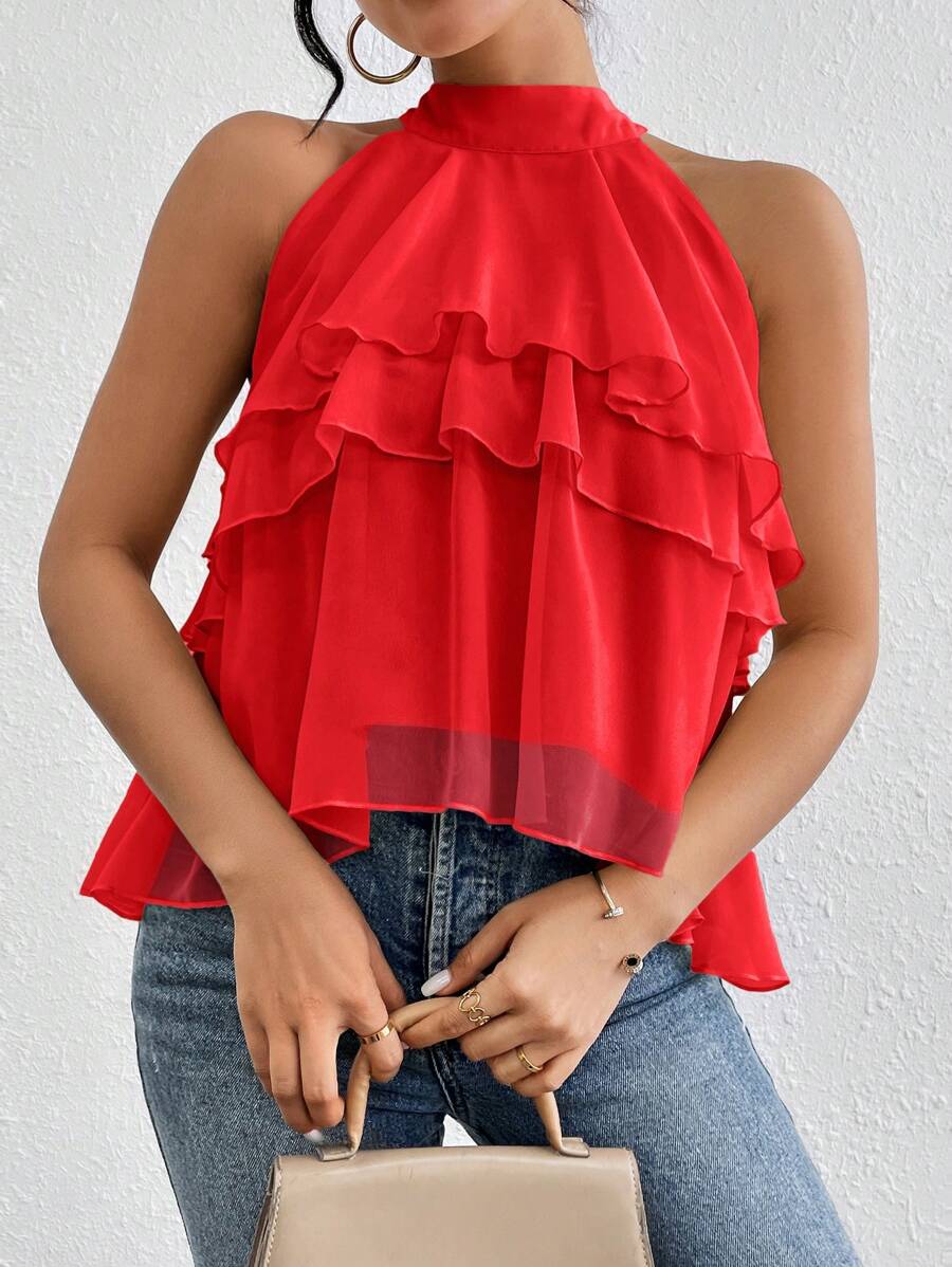 SHEIN Privé Halter Neck Loose Ruffled Asymmetrical Chiffon Blouse - Red - View 1