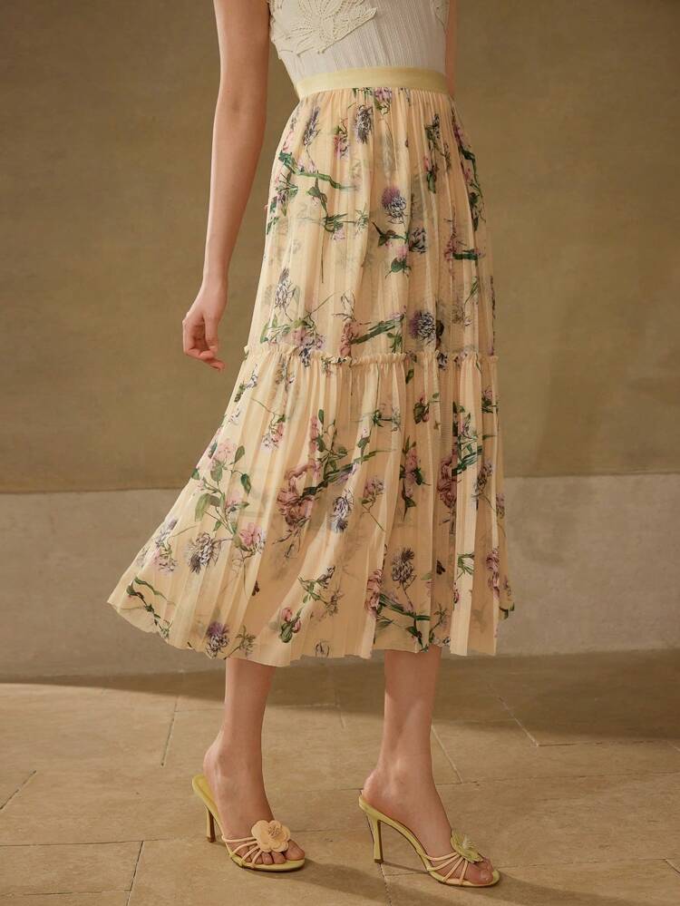 FLOWY FLORAL PRINT PLEATED SKIRT