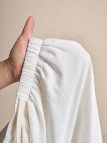 Easelle Women's Casual Vacation White Linen V-Neck Side Ruffle Loose Harem Pants Set - White - View 7