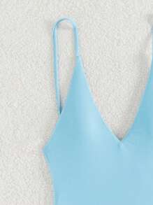 Swim Basics 大码女式夏季海滩度假V领连体泳衣 - 淺藍色 - 查看 3
