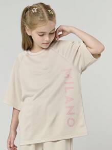 SHEIN Explorewe Tween Girls 2Pcs Set: Letter Print Raglan Sleeve Loose T-Shirt And Pants - Apricot - View 8