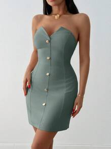 SHEIN Tall Button Detailed Frenchy Style Short Dress - Mint Green - View 3