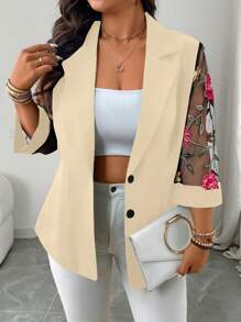 SHEIN Clasi 大码女式西装外套，流行网眼拼布面料，略微收腰，前开式纽扣开合，经典设计，时尚百搭，七分袖，适合春夏季节。非常适合元旦、音乐节、情人节、感恩节、圣诞节、万圣节、休闲聚会、海滩度假、公园野餐、通勤、购物、婚礼等各种场合。舒适的特种面料，性价比高。