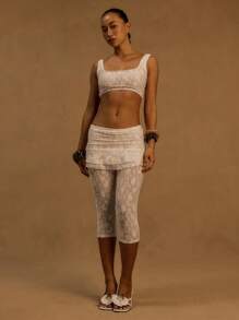 MUSERA Extreme Square Neck Patterned Lace Strappy Cropped Top For Ibiza, Holiday, Spring, Summer, Vacation, Beach, White Isle