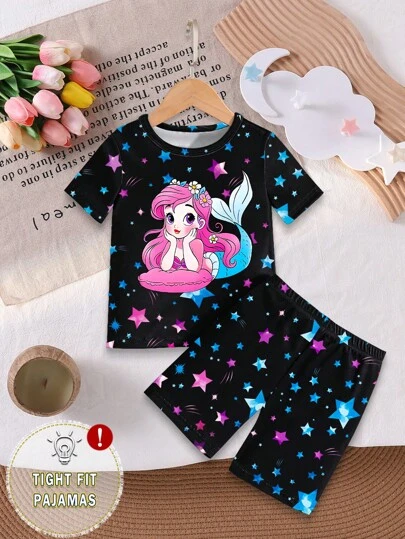 小女孩睡衣 2 件套 黑色夜光美人鱼公主和星星印花贴身短袖短裤睡衣