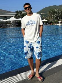 DAZY Conjunto de camiseta de verano con estampado de letras multicolor, camiseta de hombre y conjunto de playa para vacaciones - Multicolor - Ver 3
