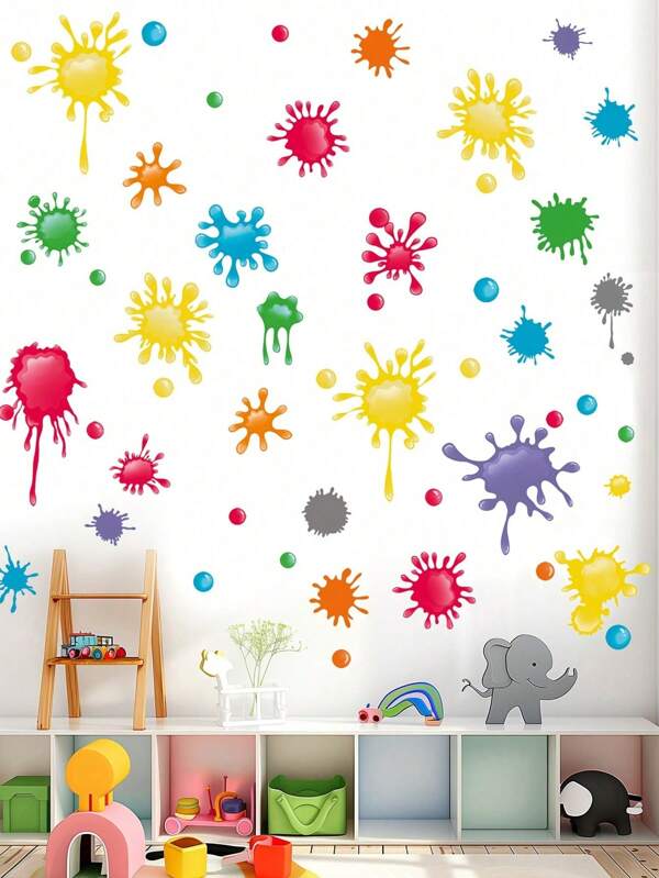 SHEIN 4pcs/5pcs/Set Watercolor Paint Semi-Transparent PVC Self-Adhesive Wall Stickers, Splatter Art Cartoon Decals, Kindergarten Classroom Decorative Stickers, Waterproof PVC Wall Decals, Stickers, Wall Decal, Vinyl Decal For Home Decorations, Spring Decoration Items Refresh Your Home, Rama Decoration Stickers