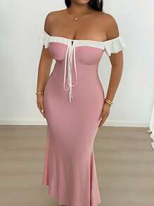Flirla Plus Size Off Shoulder Low-Cut Drawstring Elegant Bandage High Stretch Mermaid Smooth Dress