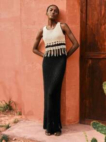 Maija Women's Black Summer Elastic Waist Minimalist Casual Beach Vacation Style Openwork Texture Knitted Sexy Split Hem Long Fitted Skirt - Black - View 5