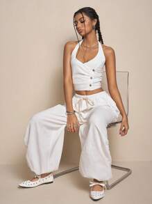 Easelle Women's Casual Vacation White Linen V-Neck Side Ruffle Loose Harem Pants Set - White - View 3