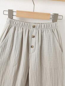 Loomiva Young Boy Solid Color Elastic Waist Button Design Pocket Tapered Pants - Grey - View 3