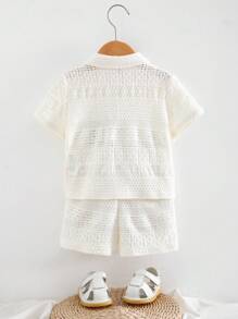 Cozy Pixies 2pcs/Set Baby Boy Color Block Knit Soft Collared Short Sleeve Top And Elastic Waist Shorts Set