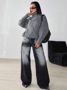 CasuGlow Suéter holgado de cuello alto informal cómodo y acogedor para mujer - Gris - Ver 6