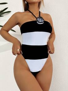SHEIN Swim Eleganter einfarbiger, kontrastierender, floraler Spaghettiträger-Badeanzug für Damen, Sommer - Schwarz und Weiss - Übersicht 4