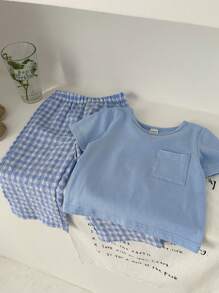 SHEIN Vintaside Kids 2 Pieces Baby Boy Cute Casual Short-Sleeved Top And Plaid Pants Set, Suitable For Summer, Home And Travel