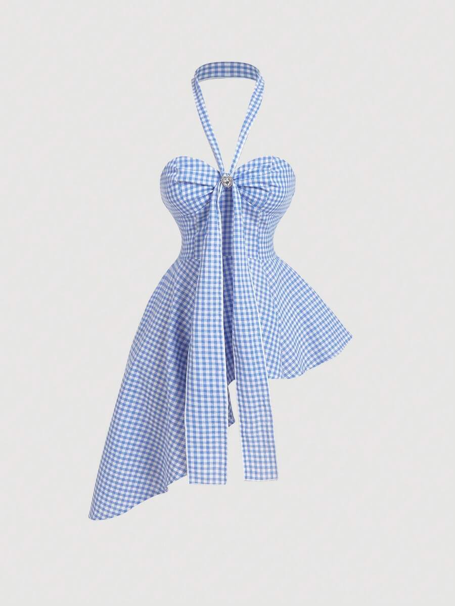 SHEIN MOD Charmantes Land-Stil blaues & weißes kariertes Trägertop mit asymmetrischem Saum für Frauen