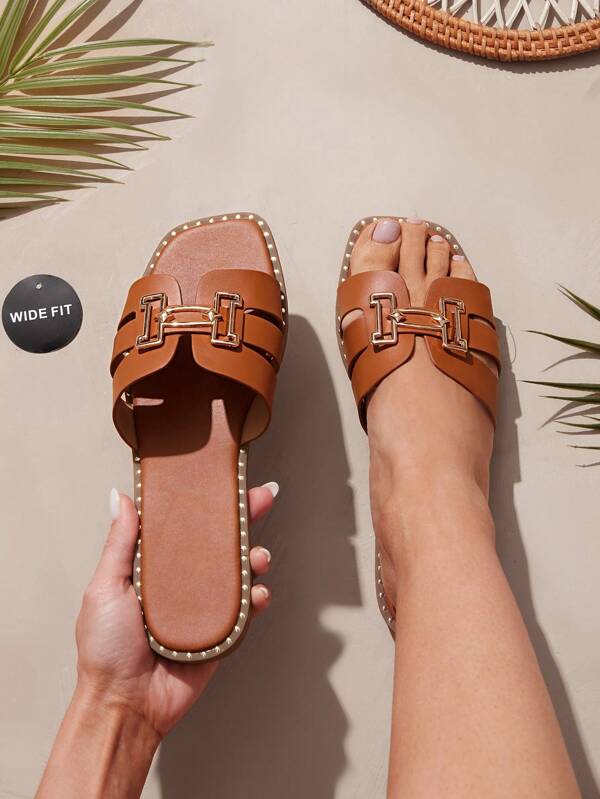 SHUZIA Wide-Fit Women's Color Matching Enamel Buckle With GOLD Trim Decoration Fashionable & Comfortable Square-Toe Flat Sandals For Daily Wear
