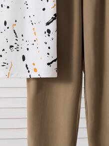 SHEIN Conjunto de 2 piezas de ropa informal para chicos adolescentes: camiseta de manga corta con estampado gráfico de salpicadura blanca y pantalón de chándal negro - Caqui - Ver 7