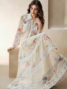 Anewsta Conjunto de 2 piezas con blusa de manga larga con estampado floral y aplicaciones de encaje, y falda midi en línea A, conjunto elegante para mujer, para primavera, festivales, vacaciones