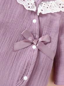 SHEIN 嬰兒女寶寶淺粉色簡約長袖踩腳連體衣，家居服 - 紫色 - 查看 3