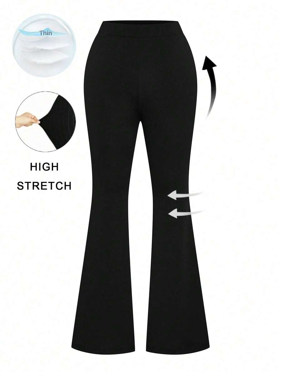 SHEIN Tall Solid Color Elastic Waistband Flared Leg Long Pants, Comfortable For Tall People - Black - View 1