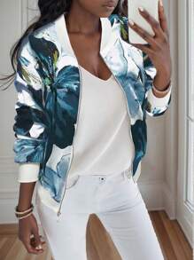 EMERY ROSE Chaqueta de béisbol casual con cremallera y estampado floral para mujer, ideal para vacaciones - Multicolor - Ver 1