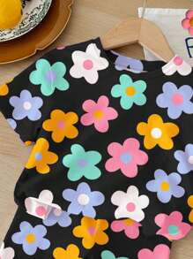 SHEIN Set de 2 bucăți pentru fetiță, ocazional, cu mâneci scurte și pantaloni scurți, potrivit pentru vară