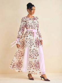 Claire Tale Robe longue grande taille imprimée à motif floral rococo printemps été en mousseline transparente, manches bouffantes, ceinturée, à ligne A, pour vacances - Multicolore - Voir 6