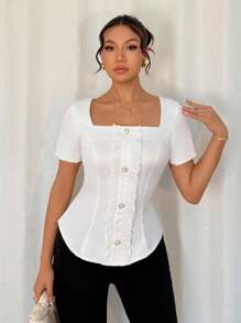 Chiquease Women's White Square Neck Ruffle Waist Casual Summer Shirt - White - View 5