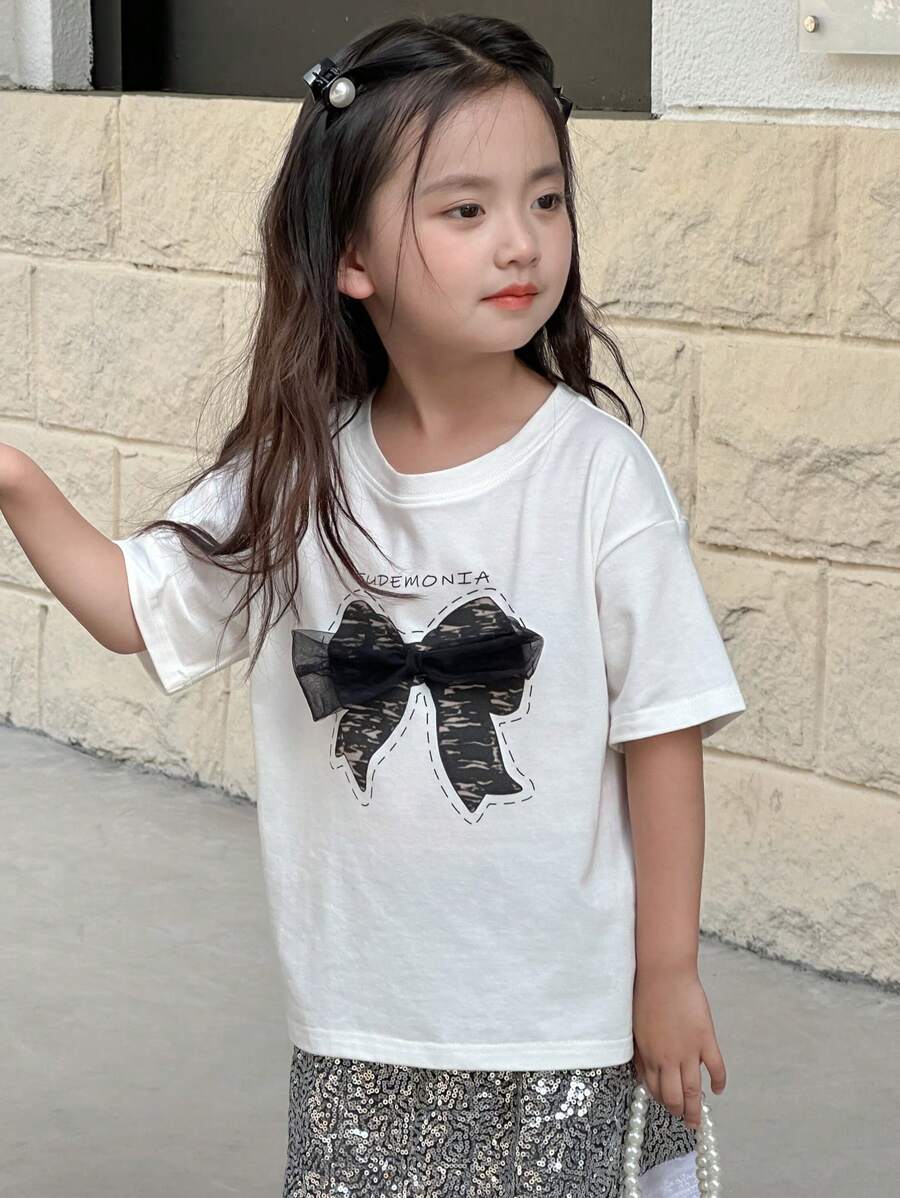 DAZY Camiseta de Malha de Manga Curta e Decote Redondo para Meninas (Pequenas), Verão - Branco - Visão 1