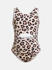 SHEIN Young Girl Leopard Pattern One-Piece Swimsuit - Apricot - View 5
