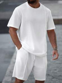 Manfinity Homme 2pcs/Set Plus Size Men's Summer Casual Solid Color Round Neck Short Sleeve T-Shirt And Shorts, Cozy Outfits - White - View 5