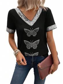 EMERY ROSE Maglietta casual da donna a maniche corte con scollo a V, con paillettes, stampa con farfalle e strass, vestibilità morbida, adatta per primavera/estate