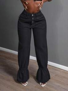 Slaydiva Women Casual Solid Color Flared Jeans - Black - View 3