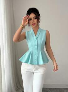Elenzga Women's Simple Single-Breasted Ruffled Hem Suit Vest For Commuting