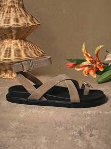 SHUZIA Women Single Cross Ankle Strap Gold Decor Comfy Flat Thick Soled Everyday Outdoor Casual Basic Slip-On Taupe Faux Suede Sandals